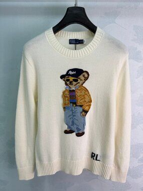 Polo Ralph Lauren Cream Crewneck Polo Bear Knit Pullover Sweater RL Embroidery